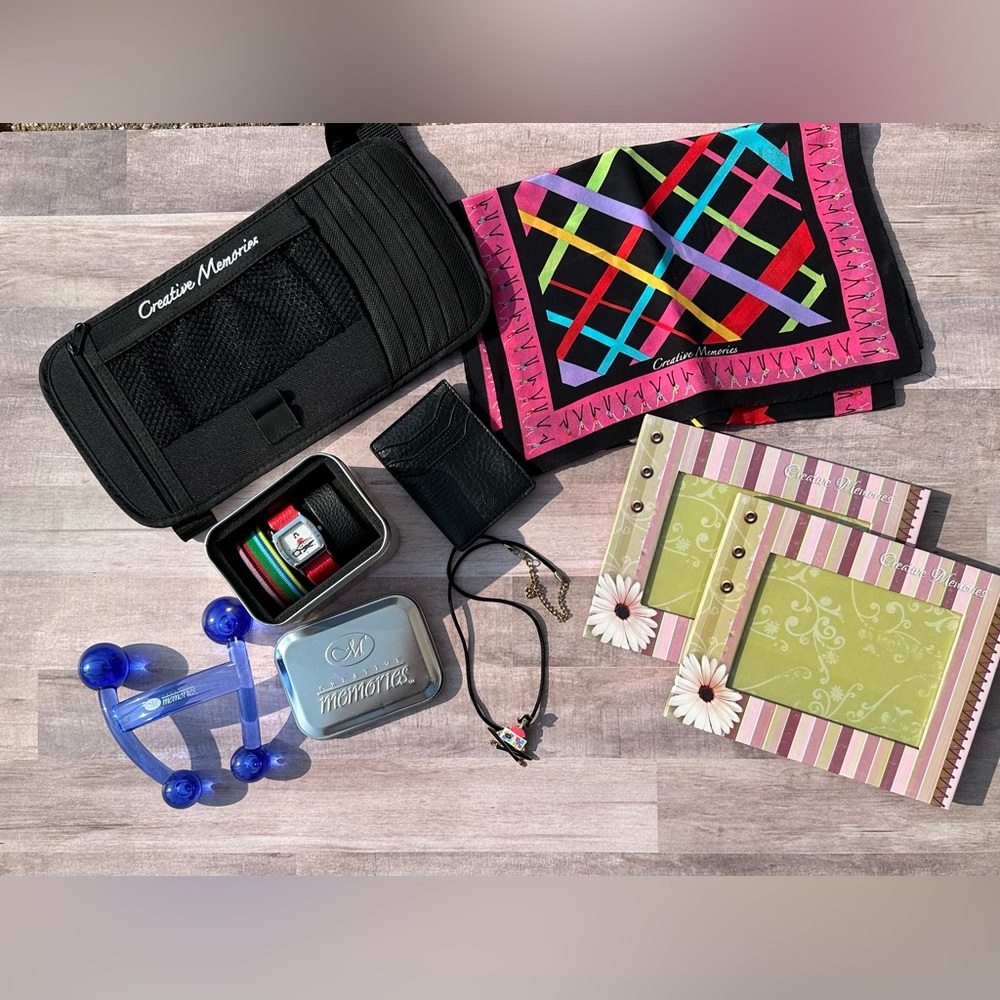 Creative Memories Consultant Lot Watch Scarf Sun Visor Necklace Frame Money Clip